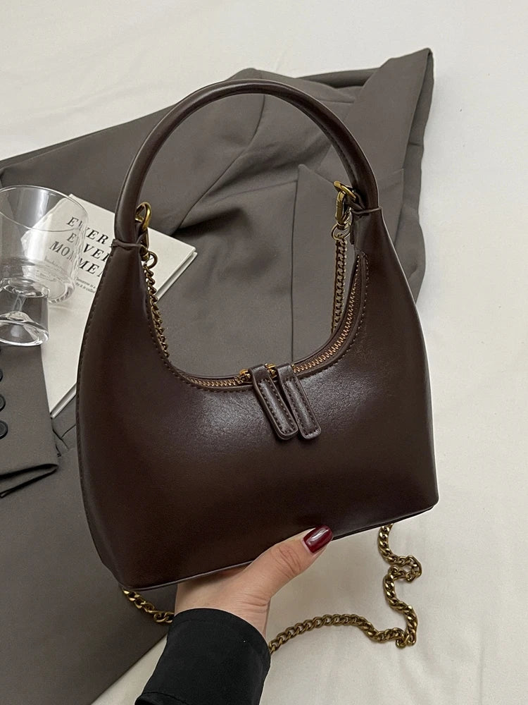 Ele Chain Handle  Bag Versatile Simple Design Moon ape Handbag for Young Women PU Leather Zipper Closure Crossbody Bag