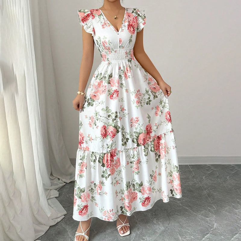 Women Casual Summer Flowy Short Sleeve V-Neck Ruffled A-Line Maxi