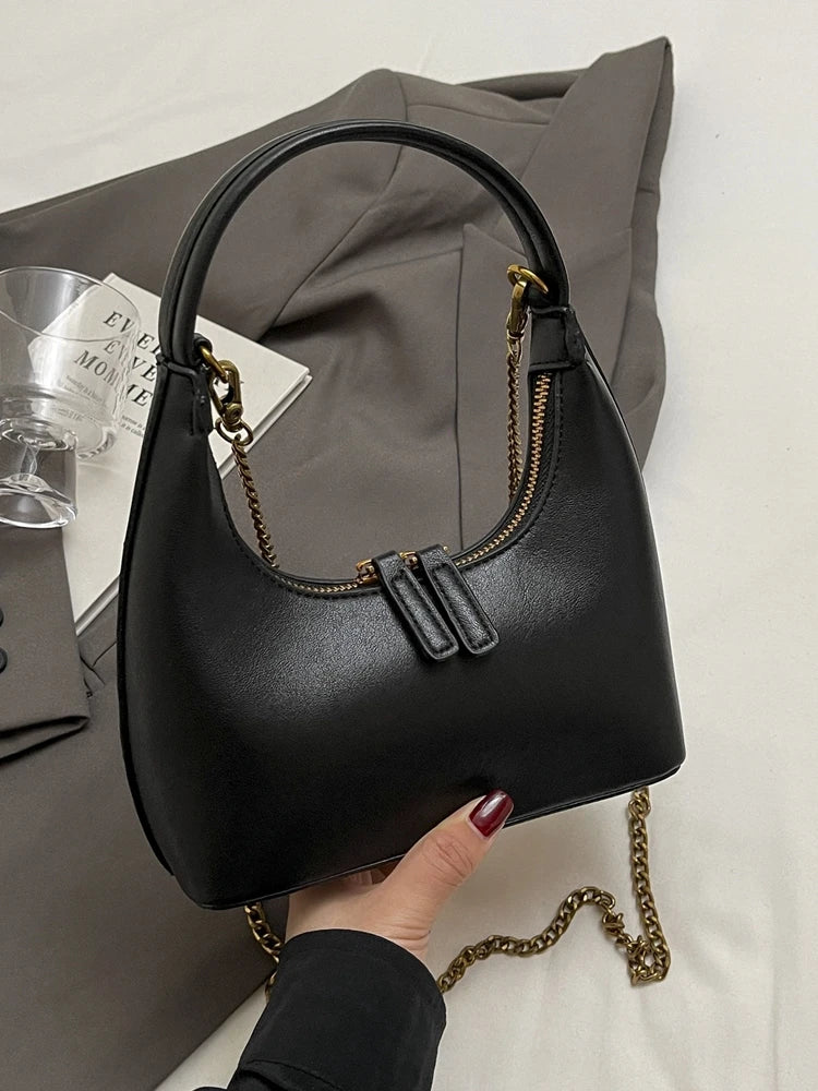 Ele Chain Handle  Bag Versatile Simple Design Moon ape Handbag for Young Women PU Leather Zipper Closure Crossbody Bag