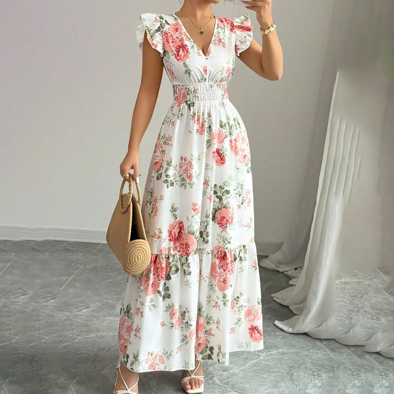 Women Casual Summer Flowy Short Sleeve V-Neck Ruffled A-Line Maxi