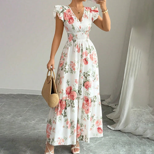 Women Casual Summer Flowy Short Sleeve V-Neck Ruffled A-Line Maxi