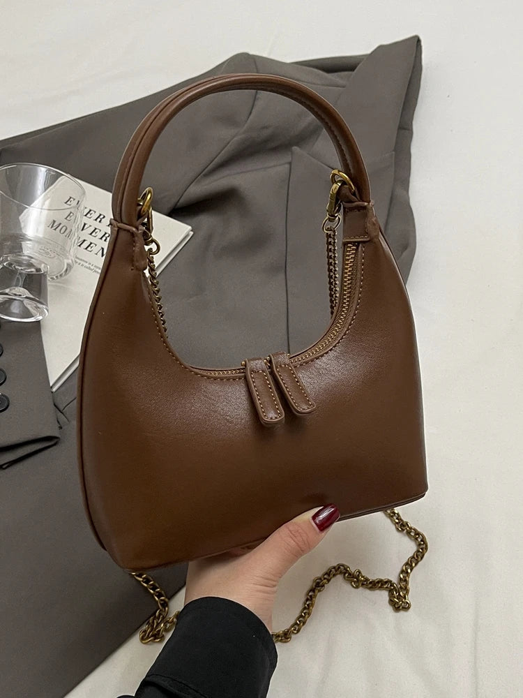 Ele Chain Handle  Bag Versatile Simple Design Moon ape Handbag for Young Women PU Leather Zipper Closure Crossbody Bag