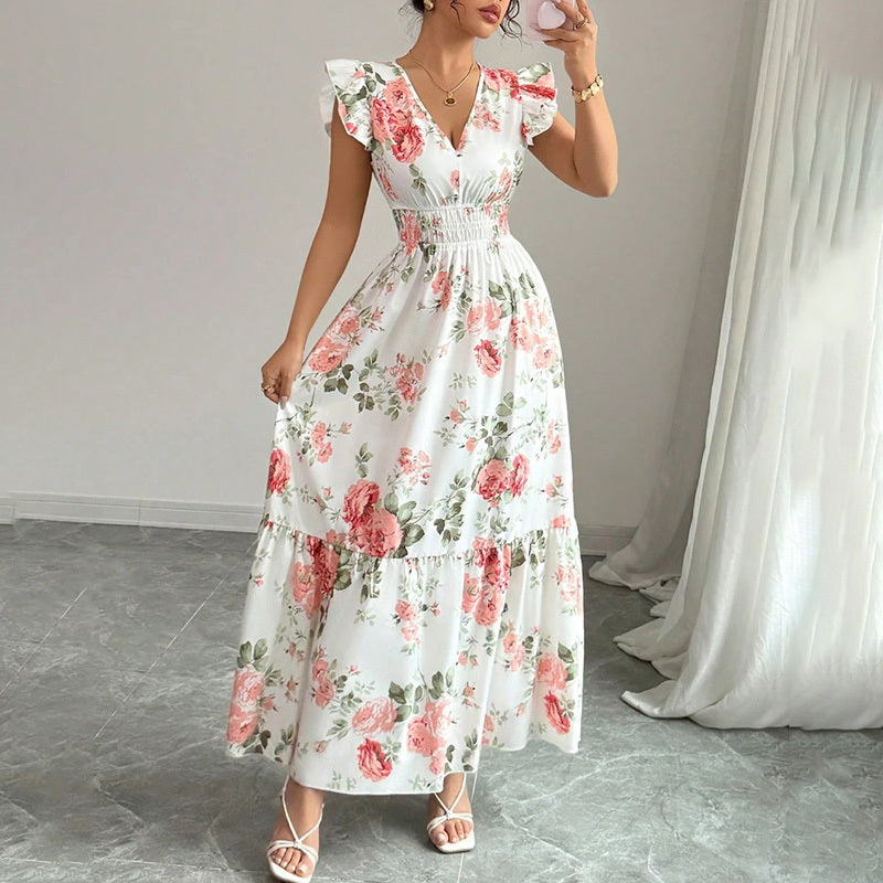 Women Casual Summer Flowy Short Sleeve V-Neck Ruffled A-Line Maxi