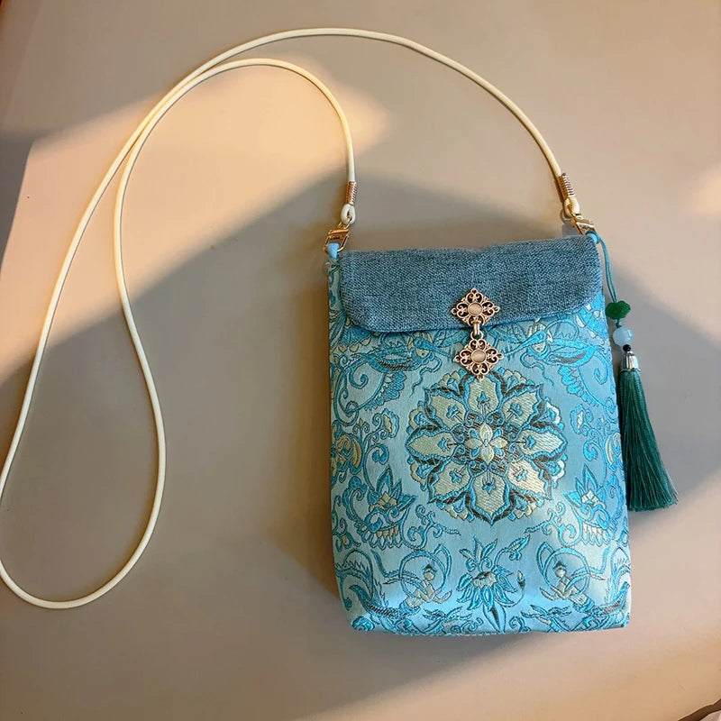 Small Celllphone Bags Chinese National Silk Embroidery Vertical Model Crossbody Bag