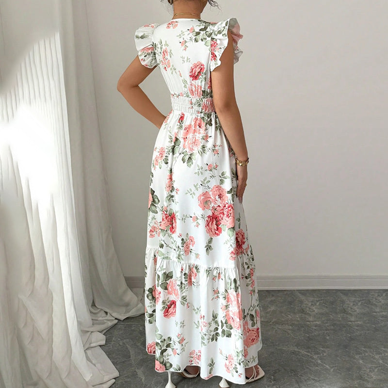 Women Casual Summer Flowy Short Sleeve V-Neck Ruffled A-Line Maxi