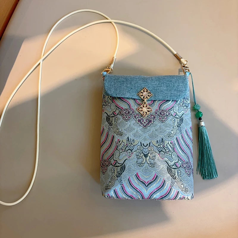 Small Celllphone Bags Chinese National Silk Embroidery Vertical Model Crossbody Bag