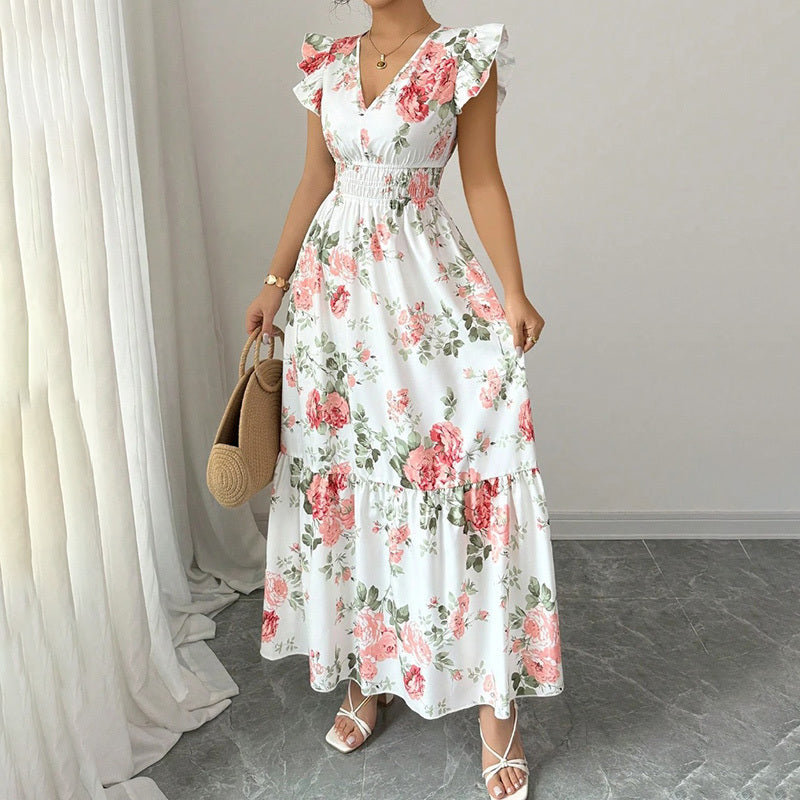 Women Casual Summer Flowy Short Sleeve V-Neck Ruffled A-Line Maxi