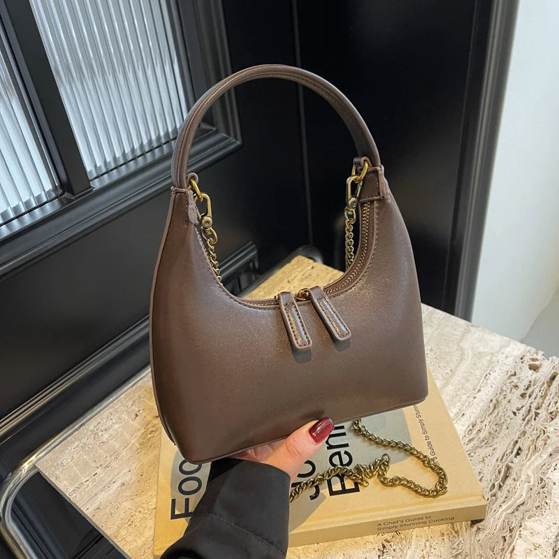 Ele Chain Handle  Bag Versatile Simple Design Moon ape Handbag for Young Women PU Leather Zipper Closure Crossbody Bag