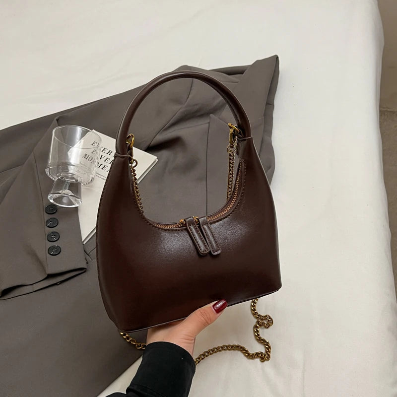 Ele Chain Handle  Bag Versatile Simple Design Moon ape Handbag for Young Women PU Leather Zipper Closure Crossbody Bag