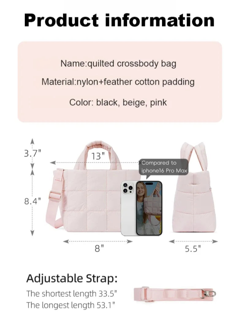 Lightweight Adjustable body Bag Women Casual Shoulder Bag Fluffy Quilted body Bag Durable Large capacity Multicompartment bag