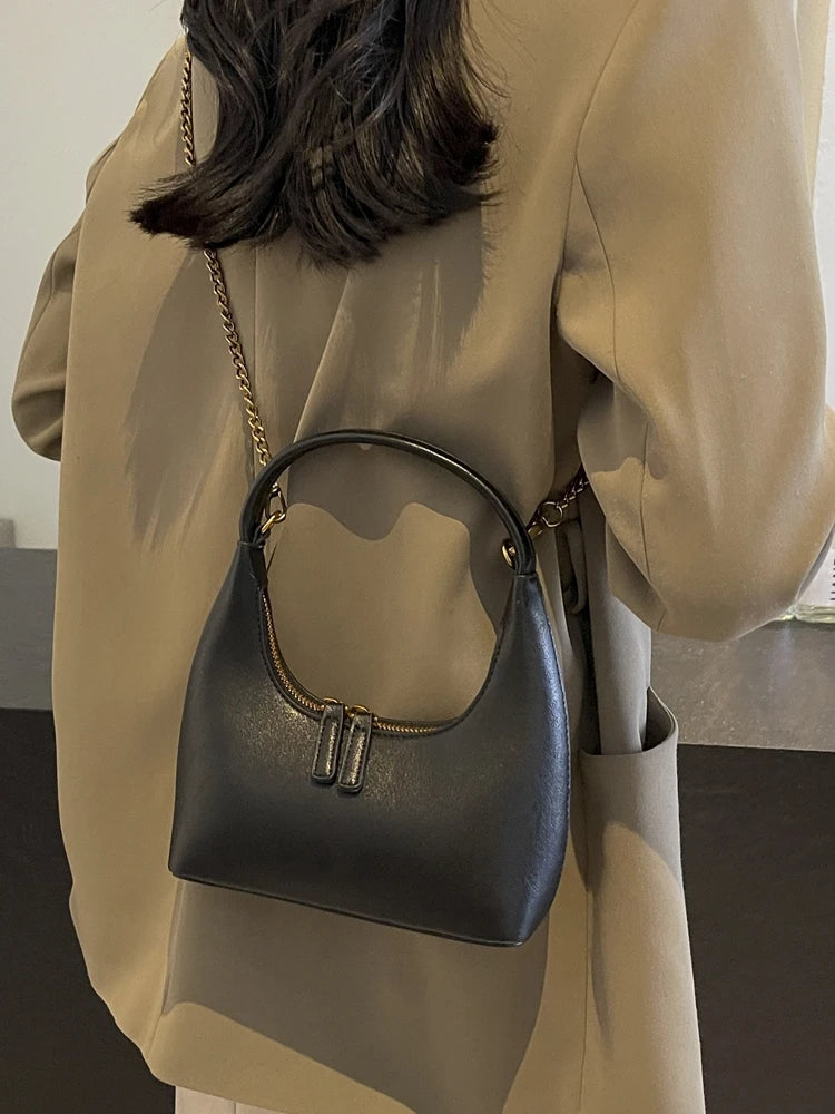 Ele Chain Handle  Bag Versatile Simple Design Moon ape Handbag for Young Women PU Leather Zipper Closure Crossbody Bag