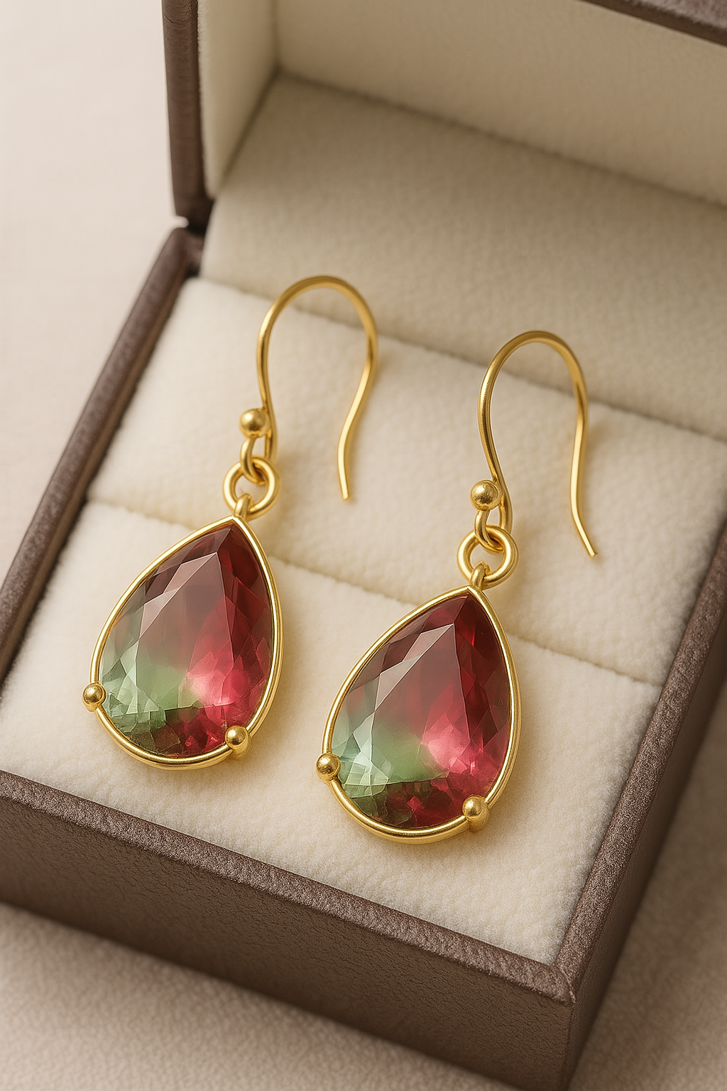 Elegant Drop-Shaped Earrings, Green-Pink Glass, 18K Gold Hooks