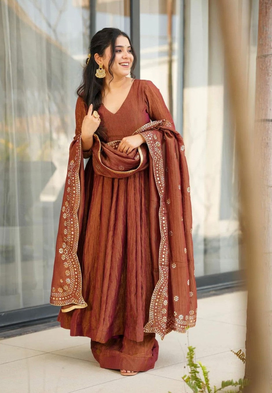 Designer Party Wear Look Gown-Dupatta (Size L)Brown