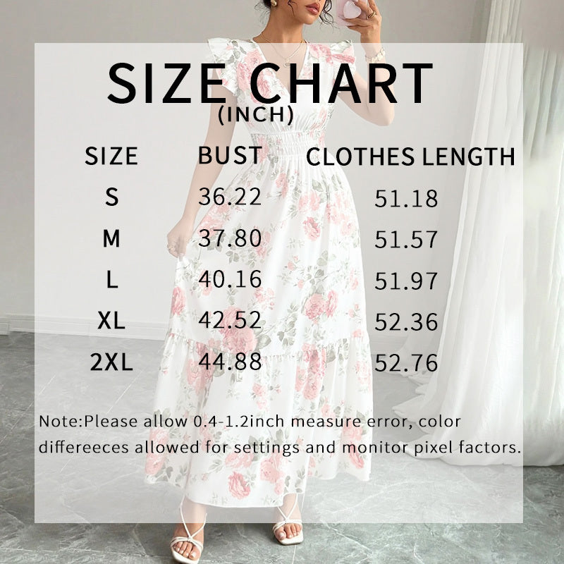 Women Casual Summer Flowy Short Sleeve V-Neck Ruffled A-Line Maxi