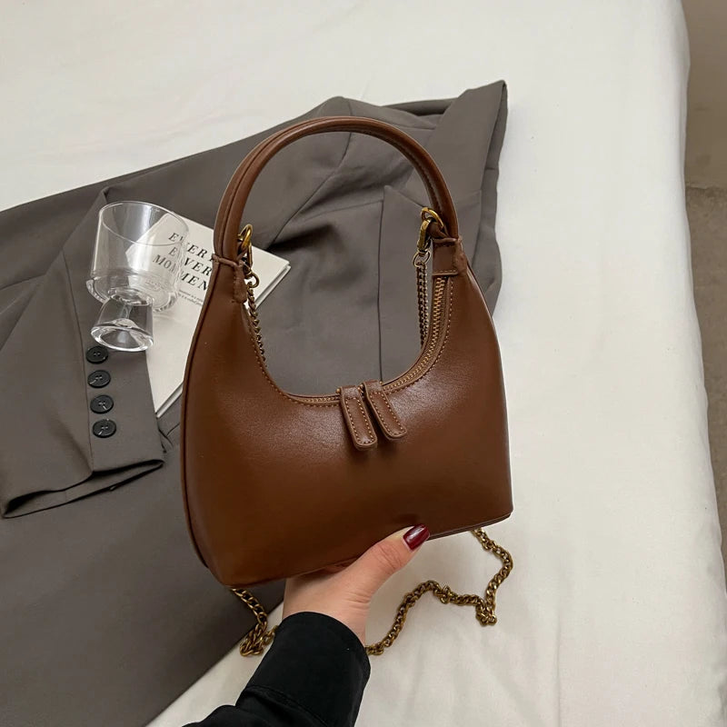 Ele Chain Handle  Bag Versatile Simple Design Moon ape Handbag for Young Women PU Leather Zipper Closure Crossbody Bag