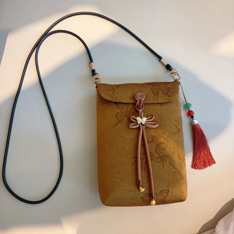 Small Celllphone Bags Chinese National Silk Embroidery Vertical Model Crossbody Bag