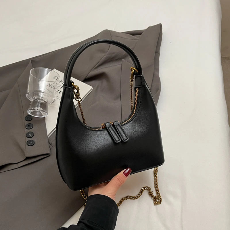 Ele Chain Handle  Bag Versatile Simple Design Moon ape Handbag for Young Women PU Leather Zipper Closure Crossbody Bag